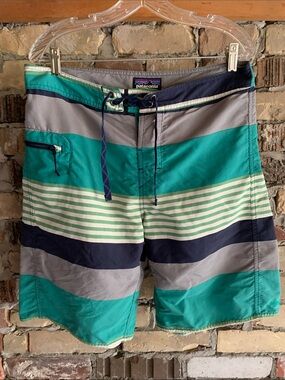 Patagonia Teal, Navy & Gray Striped Men’s Board Shorts